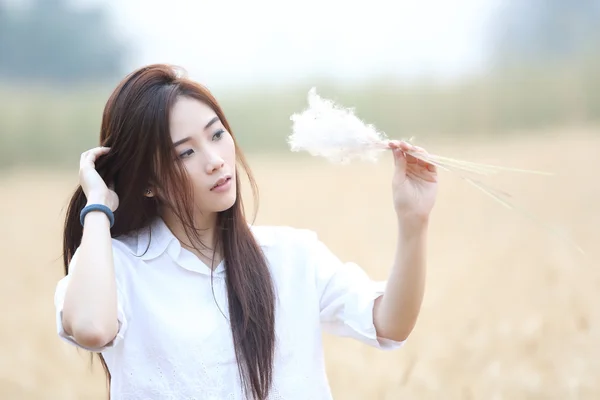 Asian girl on wheat field — Stock Photo, Image