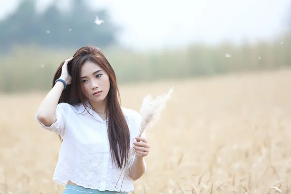 Asiatique fille sur blé champ — Photo