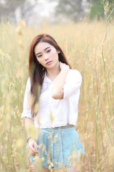 Menina asiática no campo de trigo — Fotografia de Stock