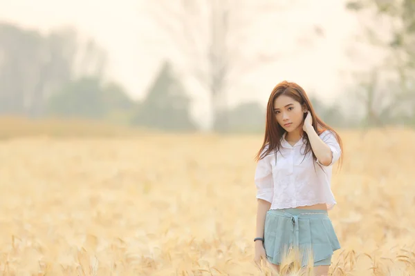 Asian girl on wheat field — Stock Photo, Image