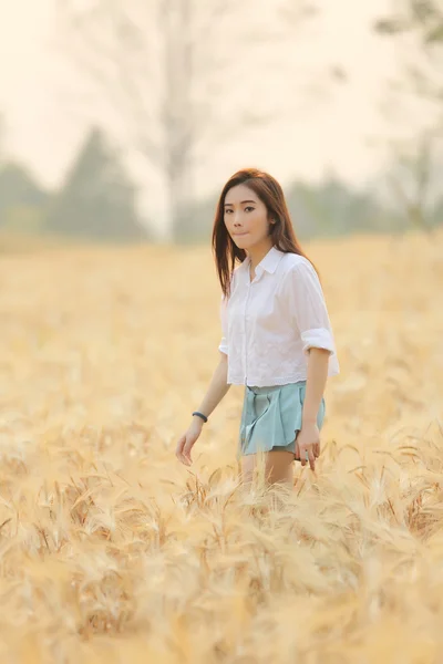 Menina asiática no campo de trigo — Fotografia de Stock