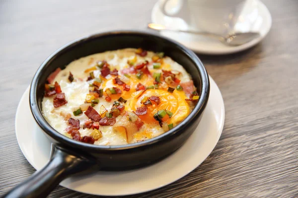 Fried egg stuff with hot pan — Stock Photo, Image