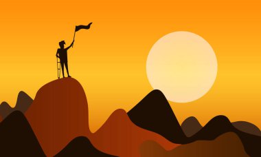 Bitiş bayrağına ulaşmak için dağa tırmanan bir işadamı olarak benliğini yendin. Kazanmak için zor bir yol ve başarı kavramı.