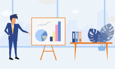 Takım elbiseli bir girişimci, temiz ve şık ofis masasında iş çizelgelerini sunuyor. Düz biçim renk modern vektör illüstrasyonu.