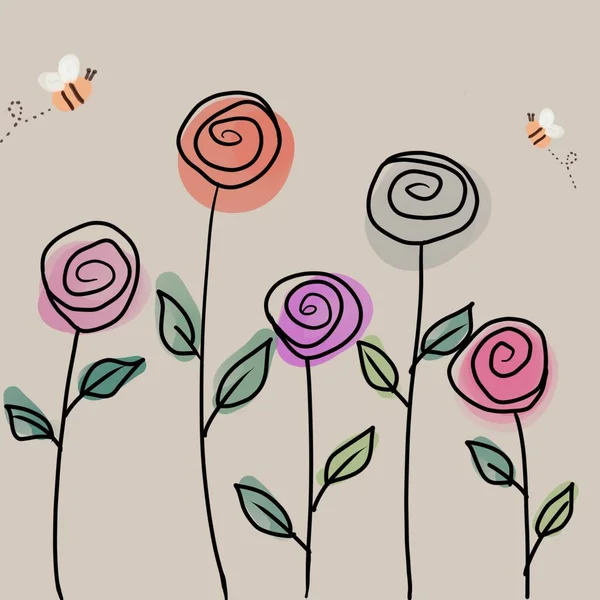 Colorful Painting Roses Bees Pastel Background — Stock Photo, Image