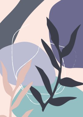 Doğadan esinlenilmiş ve soyut şekilli soyut tasarım. Modern egzotik bitkiler çizimi. El çizimi şekilli yaratıcı desen