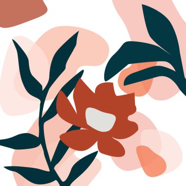 Soyut yaratıcı başlık. Modern sanatsal arka plan. Çağdaş grafik tasarımı. Soyut elementlerle, tropikal yapraklarla ve doğal şekillerle desen.