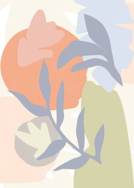 Organik şekilli modern soyut sanat tasarımı. Elle çizilmiş botanik elementlerle çağdaş kolaj tarzı tasarımı ve modaya uygun sıcak renk paletinde soyut şekiller. 