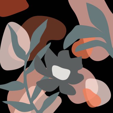 Organik şekilli modern soyut sanat tasarımı. Elle çizilmiş botanik elementlerle çağdaş kolaj tarzı tasarımı ve modaya uygun sıcak renk paletinde soyut şekiller. 