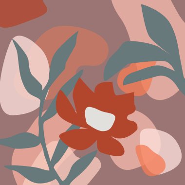 Organik şekilli modern soyut sanat tasarımı. Elle çizilmiş botanik elementlerle çağdaş kolaj tarzı tasarımı ve modaya uygun sıcak renk paletinde soyut şekiller. 