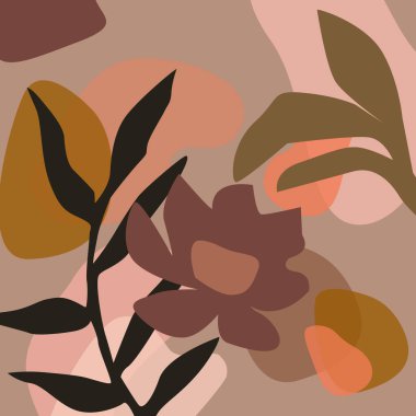 Organik şekilli modern soyut sanat tasarımı. Elle çizilmiş botanik elementlerle çağdaş kolaj tarzı tasarımı ve modaya uygun sıcak renk paletinde soyut şekiller. 