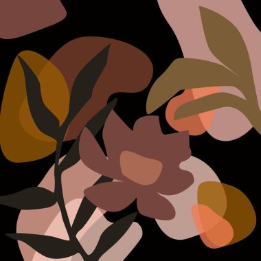 Organik şekilli modern soyut sanat tasarımı. Elle çizilmiş botanik elementlerle çağdaş kolaj tarzı tasarımı ve modaya uygun sıcak renk paletinde soyut şekiller. 