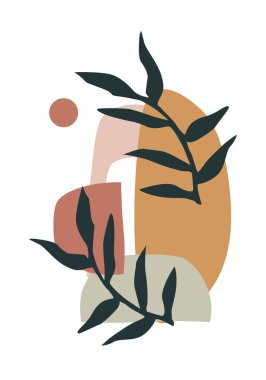 Doğadan esinlenilmiş ve soyut şekilli soyut tasarım. Modern egzotik bitkiler çizimi. El çizimi şekilli yaratıcı desen