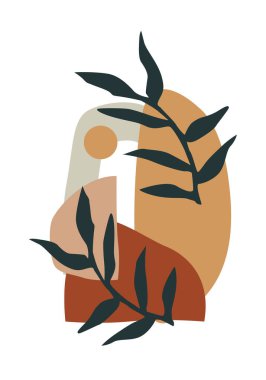 Doğadan esinlenilmiş ve soyut şekilli soyut tasarım. Modern egzotik bitkiler çizimi. El çizimi şekilli yaratıcı desen