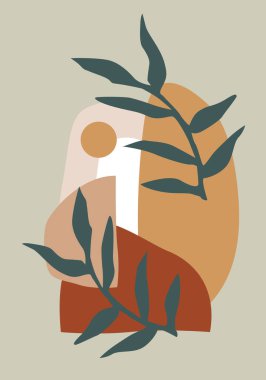 Doğadan esinlenilmiş ve soyut şekilli soyut tasarım. Modern egzotik bitkiler çizimi. El çizimi şekilli yaratıcı desen