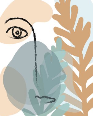 Soyut yüz çizimi. Portre minimalist stil. Set yüzleri ve saç stili, moda konsepti, kadın güzellik minimalisti.