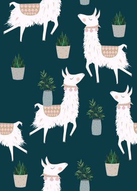 Çizgi film Llama Alpaca Pürüzsüz Düzen. El yapımı elementler. Çocuk yuvası Tekstil, Duvar Kağıdı. 