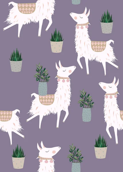 Cartoon Llama Alpaca Seamless Pattern. Hand Drawn Elements. Nursery Childish Textile, Wallpaper.