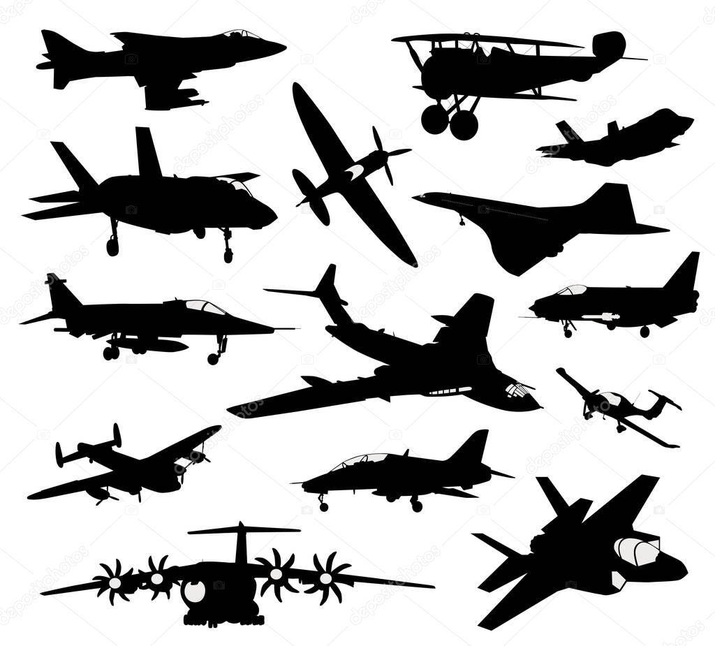 Military and civil vector aircraft silhouettes collection. Retro and modern