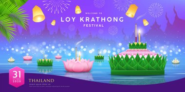 Loy krathong festivali Tayland, muz yaprağı malzemesi ve pembe nilüfer tasarımı, Tayland tapınağında gece mor ve mavi arka planda, Eps 10 vektör illüstrasyonu