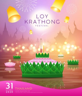 Loy krathong thailand, muz yaprağı materyali ve pembe nilüfer tasarımı, Tayland tapınağında gece pembe ve sarı poster arka planında, Eps 10 vektör illüstrasyon