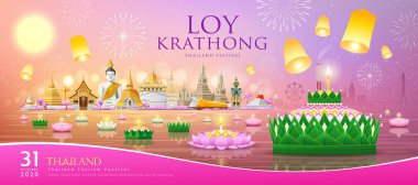 Loy krathong thailand festivali, muz yaprağı malzemesi ve yeşil nilüfer tasarımı, Tayland 'ın başlıca turistik etkinlikleri, gece nehir pembe ve sarı afiş arkaplanı, Eps 10 vektör illüstrasyon