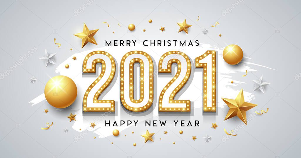 2021 gold neon light, happy new year and merry christmas message design with star, ball, ribbon on white brush background, Eps 10 vector illustration