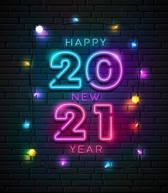 2021 neon ışık numarası mutlu yeni yıl ve blok duvar siyah zemin üzerinde gece tasarlanan renkli ampul ışığı, Eps 10 vektör illüstrasyon