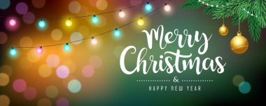 Çam yapraklı ve altın küreli Mutlu Noeller mesajı, renkli ampul, renkli bokeh arkaplanlı konsept tasarımı, Eps 10 vektör illüstrasyonu