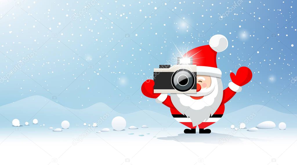 Merry christmas Santa Claus Photographer on snow and iceberg blue background. Eps 10 vector illustration