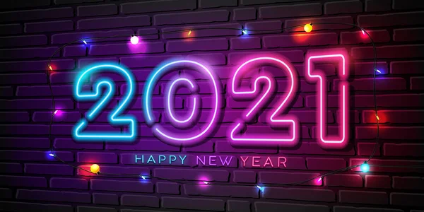 2021 Feliz Ano Novo Neon Luz Lâmpada Colorida Noite Banner —  Vetores de Stock
