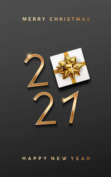 2021 Feliz Ano Novo Caixa Presente Fitas Ouro Cartaz Cartão — Vetor de Stock