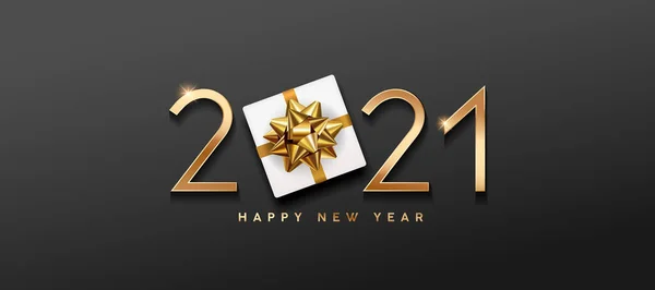 2021幸せな新年 ギフトボックスと黒の背景に金の弓リボンデザイン Eps 10ベクトルのイラスト — ストックベクタ