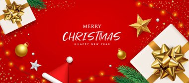 Merry Christmas white gift box gold bow ribbon banners design on red background, Eps 10 vector illustration