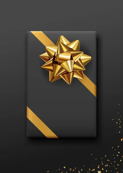 Gift Box Black Color Gold Bow Ribbon Design Black Background — Vettoriale Stock