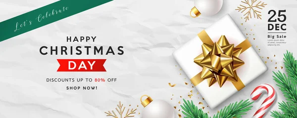 Feliz Navidad Venta Caja Regalo Cinta Arco Oro Hojas Pino — Vector de stock