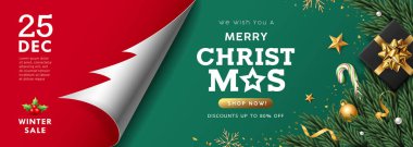 Merry Christmas, paper roll tree shape, black gift box gold ribbons, candy cane, pine leaves and gold ball banner design on red and green background, Eps 10 vector illustration clipart