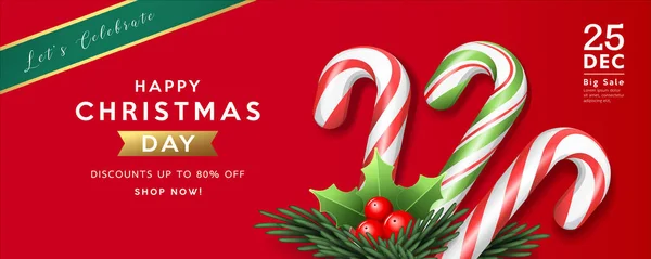 Vrolijk Kerstfeest Verkoop Kleurrijke Suikerriet Hulst Dennenbladeren Rode Achtergrond Wenskaart — Stockvector