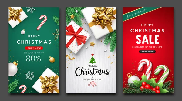 Vrolijk Kerstfeest Gelukkig Nieuwjaar Verkoop Flyer Poster Drie Ontwerp Collecties — Stockvector