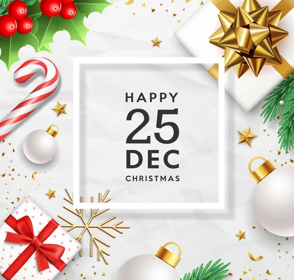 Boldog Karácsonyt Ajándék Doboz Arany Szalag Fenyő Levelek Cukornád Magyal — Stock Vector
