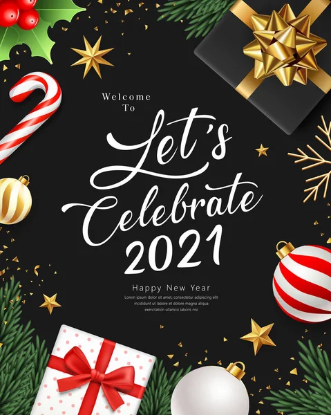 2021 Let Celebrate Happy New Year Greeting Card Black Background — Stock vektor