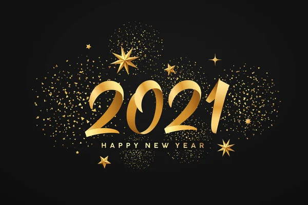 2021年新年快乐 金丝带 金色星辰设计 夜间背景烟火 Eps 10矢量插图 — 图库矢量图片