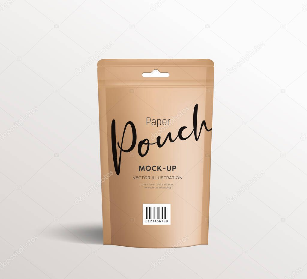 Brown paper kraft pouch bags, front view packaging mock up template design, on white background Eps 10 vector illustration