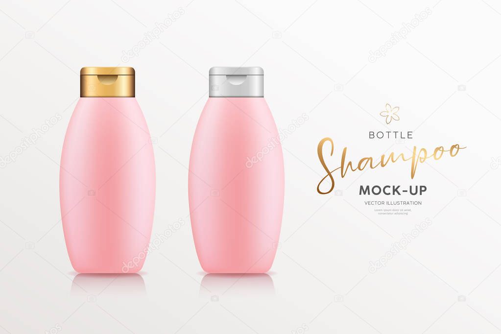 Pink shampoo products bottle with gold and silver cap, collections mock up template design background, Eps 10 vector illustration
