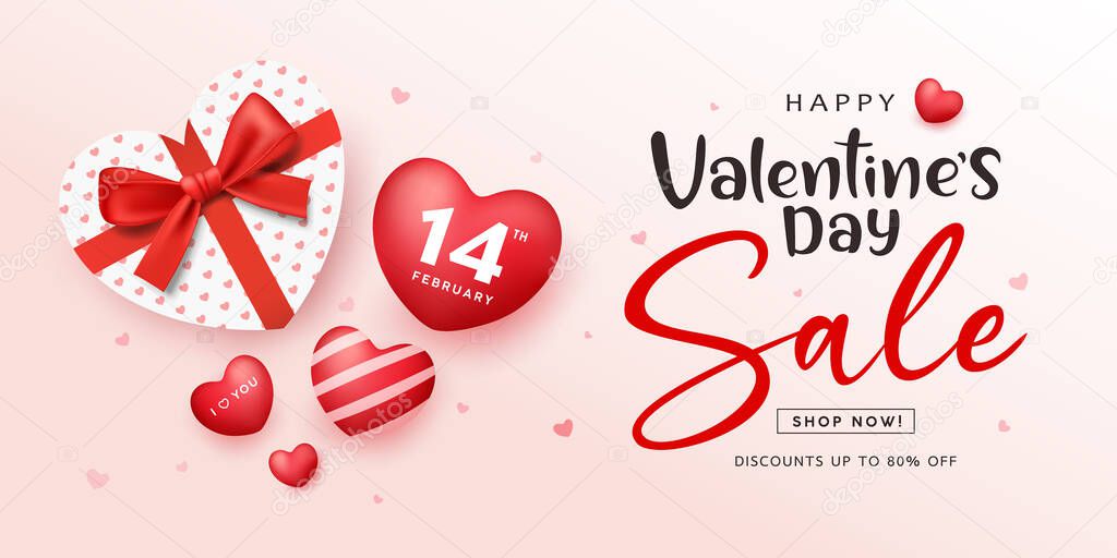 Valentine's day sale, gift box heart shape red ribbon, and heart ball banners design on red background, Eps 10 vector illustration