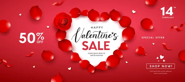 Valentine Day Sale Red Rose Petals Heart Shape Banners Design — Stock Vector