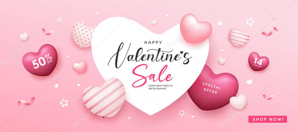 Happy Valentine's day sale heart space, balloon heart pink colorful banners design on pink background, Eps 10 vector illustration