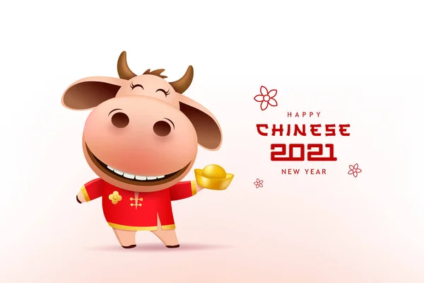 ハッピー中国の新年2021年 かわいい牛 赤Chongsamドレス保持中国の金 中国の旧正月の文字黄道帯漫画 Eps 10ベクトルイラスト — ストックベクタ