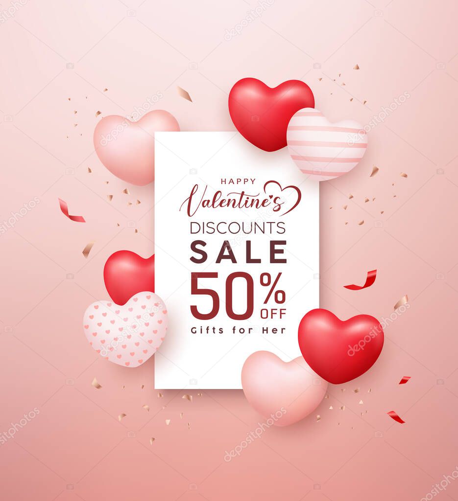 Happy valentine's sale red and pink, white balloon heart with white paper flyer poster design on pink background, Eps 10 vector illustration