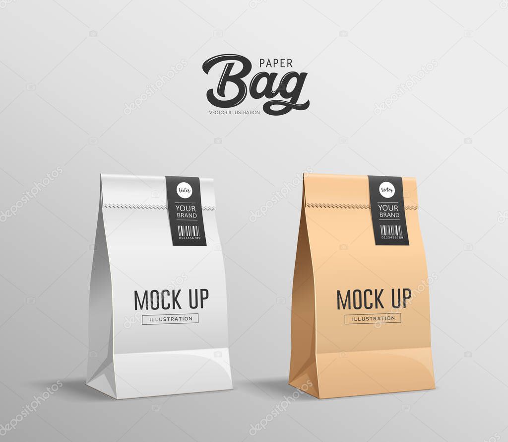 White and Brown Paper bag folded, mouth bag there are stickers, mock up collections design, on gray background Eps 10 vector illustration